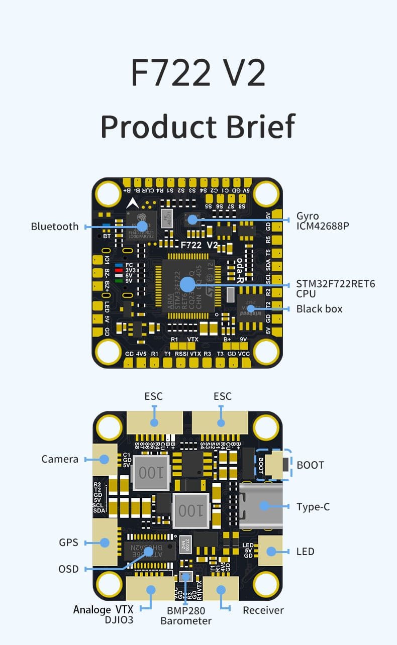 D-F722 V2 racing flight controller STM32F722RET6 board details
