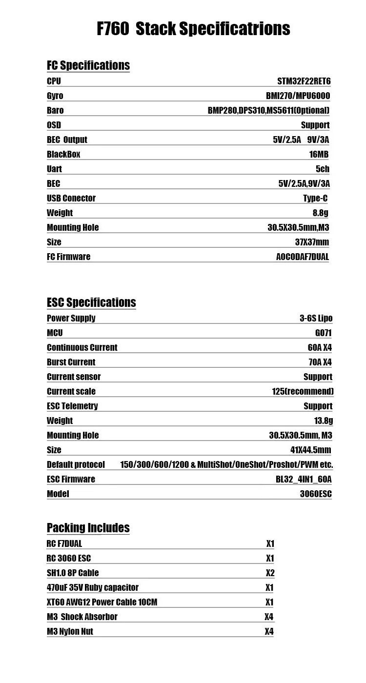 D-F760 FPV flight controller specifications and ESC ratings