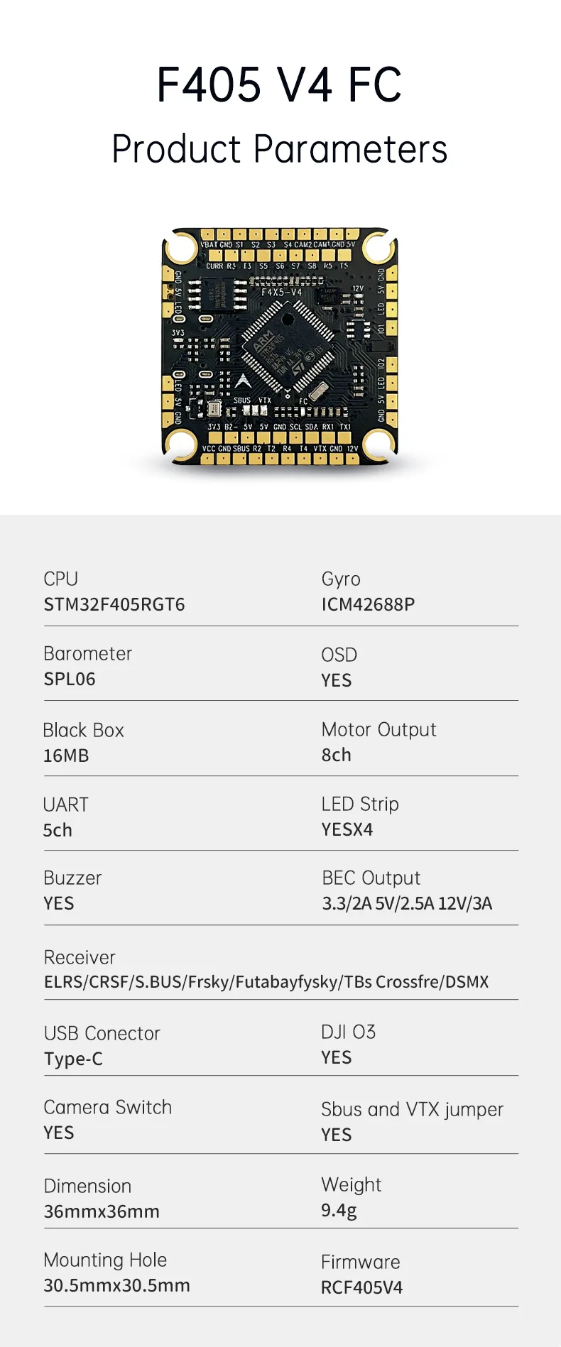 Detailed specifications of the D-F460S V4 FPV flight controller and ESC stack