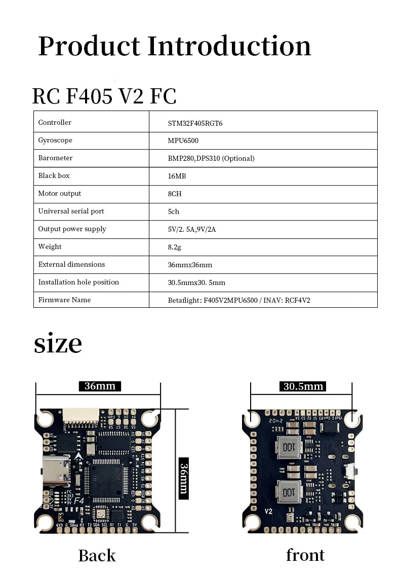 D-F405 V2 FPV drone controller dimensions and connections