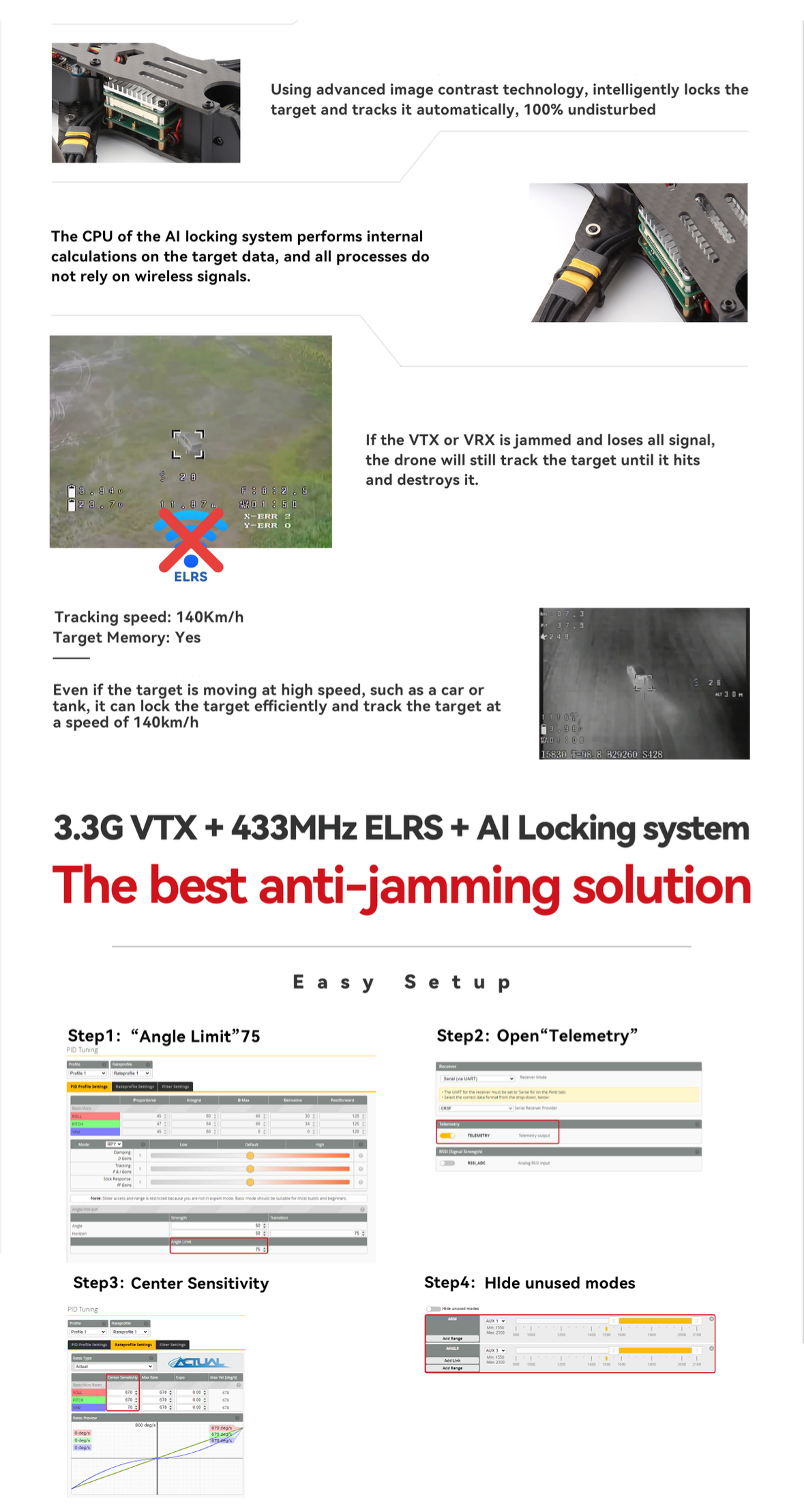 FPV AI Locking System This FPV AI Locking System is equipped with an intelligent tracker that uses advanced target tracking algorithms to lock onto stationary or moving targets. The AI locking feature significantly enhances the efficiency of drone missions, addressing the challenges faced by traditional drones in tracking targets in complex environments. It can accurately track and guide targets without GPS signals by determining flight posture information through sensors and image recognition technologies.