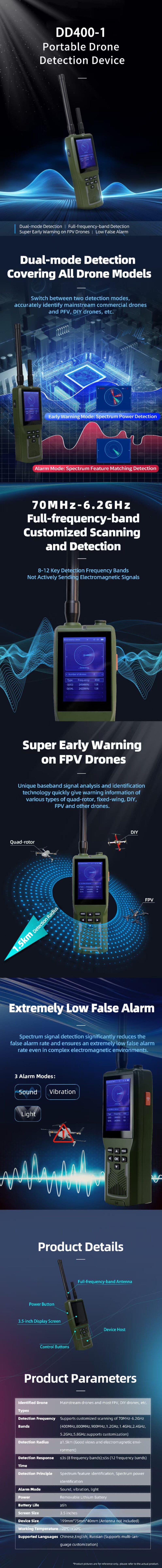 The DD400-1 Portable Drone Detection Device is a handheld, dual-mode detection tool designed for detecting, identifying, and tracking drones. It supports both early warning and alarm modes with advanced frequency scanning capabilities (70MHz–6.2GHz) and a long detection range of up to 1.5 km. Its portable design, customizable frequency settings, and multi-alarm modes ensure effective performance for security, surveillance, and critical infrastructure protection.