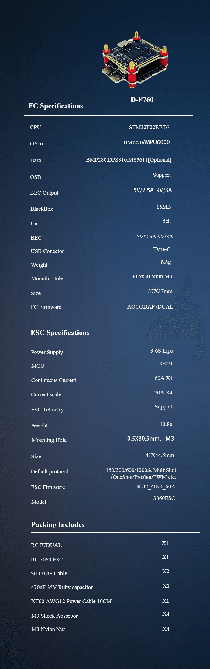 D-F760 Stack F722 V1 FC 3060BL32 60A 4 in 1ESC 30x30mm 3-6S for FPV Freestyle Drone - uavauto.com