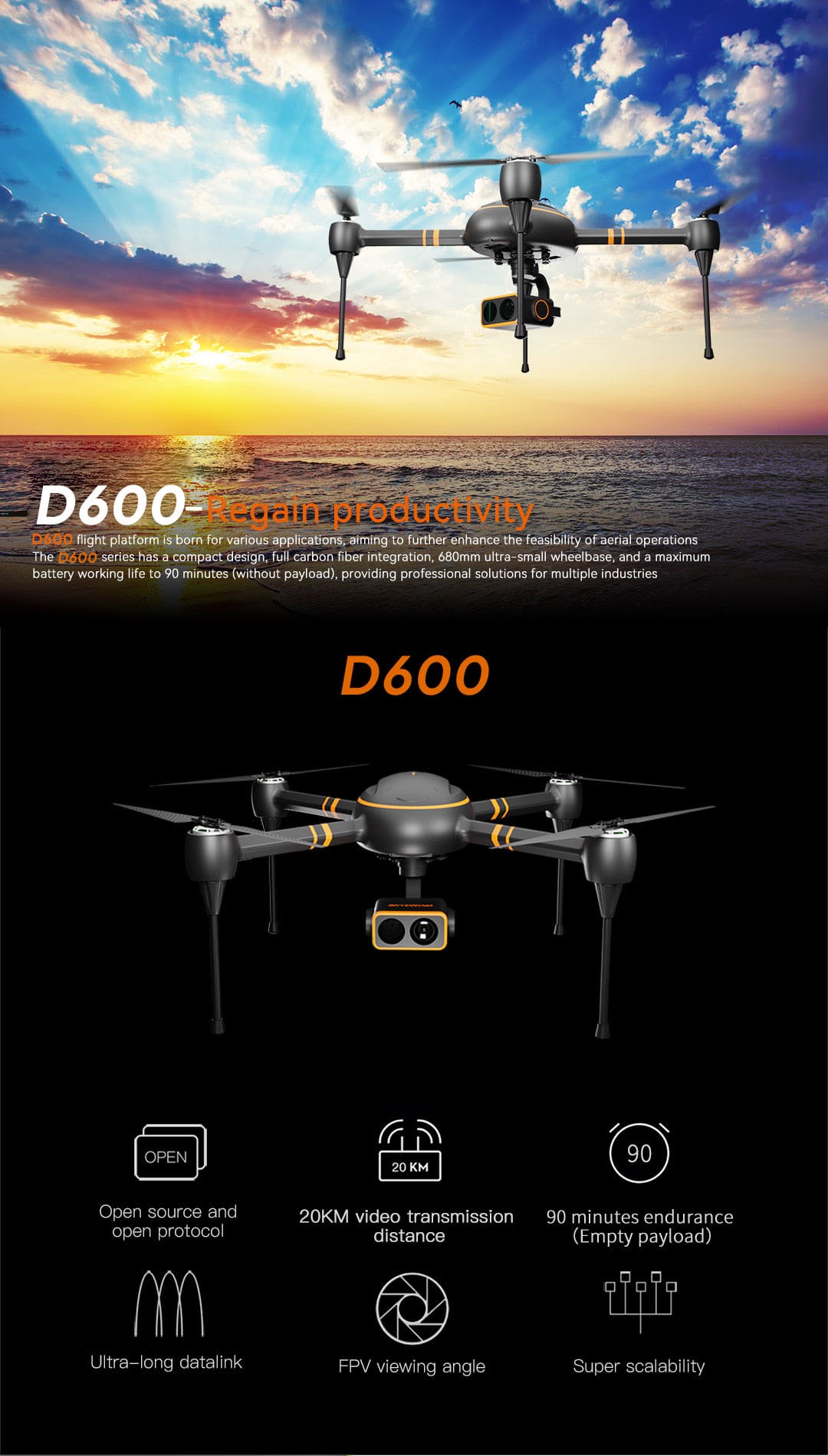 D600 drone: 20KM image transmission, 90 minute endurance, reshaping aerial operation experience