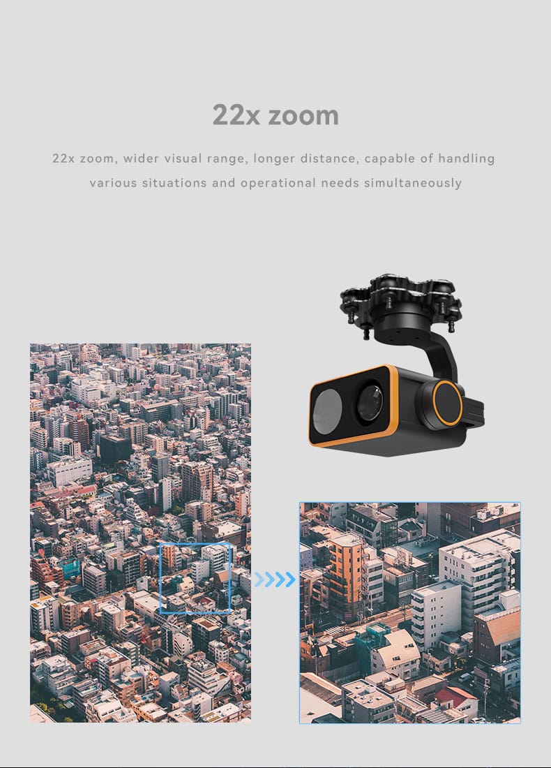 The DA20 is a high-performance, 22x zoom, three-axis stabilized gimbal system designed to provide excellent visual capabilities in various operational environments. It combines a powerful 1080p high-definition camera, a night vision spotlight, and robust triaxial stabilization, making it suitable for a wide range of applications, especially in challenging conditions like night-time or long-range surveillance.