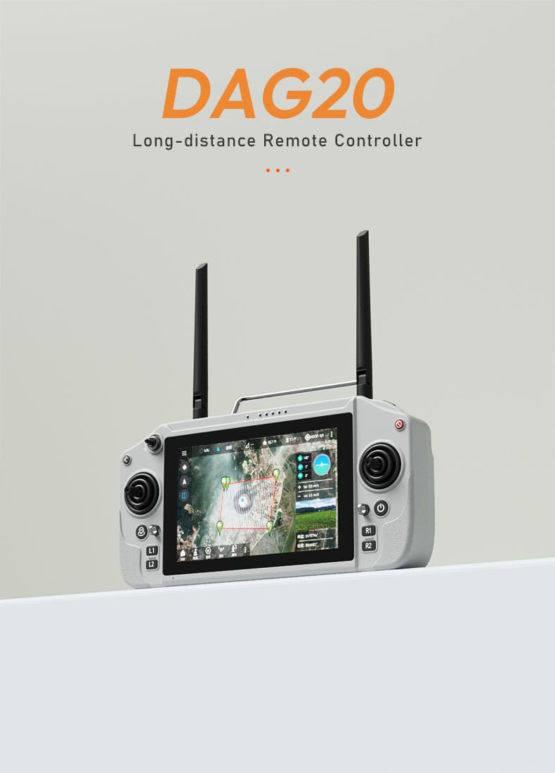 DAG20 is a high-performance remote control system designed for drone operations, featuring advanced functions and powerful performance, making it suitable for various professional fields. This remote control is equipped with a high-resolution display, supports long-distance image transmission and control, has an automatic dual-frequency band switch (2.4GHz/5.8GHz), and offers efficient battery life and fast charging, ensuring stable control of the drone in different environments.