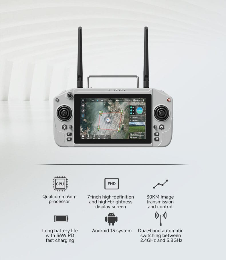 DAG20 is a high-performance remote control system designed for drone operations, featuring advanced functions and powerful performance, making it suitable for various professional fields. This remote control is equipped with a high-resolution display, supports long-distance image transmission and control, has an automatic dual-frequency band switch (2.4GHz/5.8GHz), and offers efficient battery life and fast charging, ensuring stable control of the drone in different environments.
