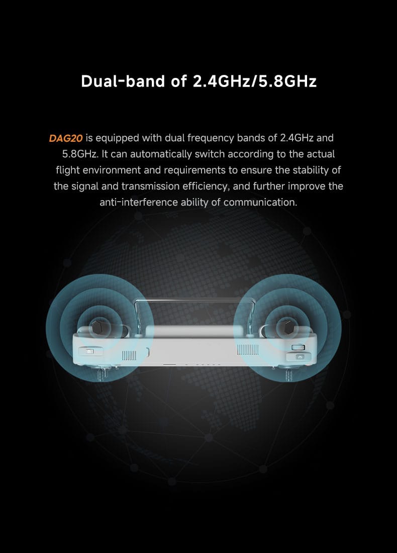 DAG20 is a high-performance remote control system designed for drone operations, featuring advanced functions and powerful performance, making it suitable for various professional fields. This remote control is equipped with a high-resolution display, supports long-distance image transmission and control, has an automatic dual-frequency band switch (2.4GHz/5.8GHz), and offers efficient battery life and fast charging, ensuring stable control of the drone in different environments.