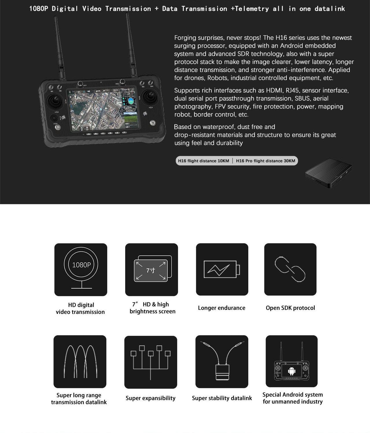 The DAH16 is an advanced remote control system designed for various unmanned vehicle applications such as drones, helicopters, and fixed-wing aircraft. It features a high-definition display with a long transmission range, providing an excellent control experience for operators. The controller supports HD video and data transmission, making it suitable for professional aerial photography, surveying, and surveillance.