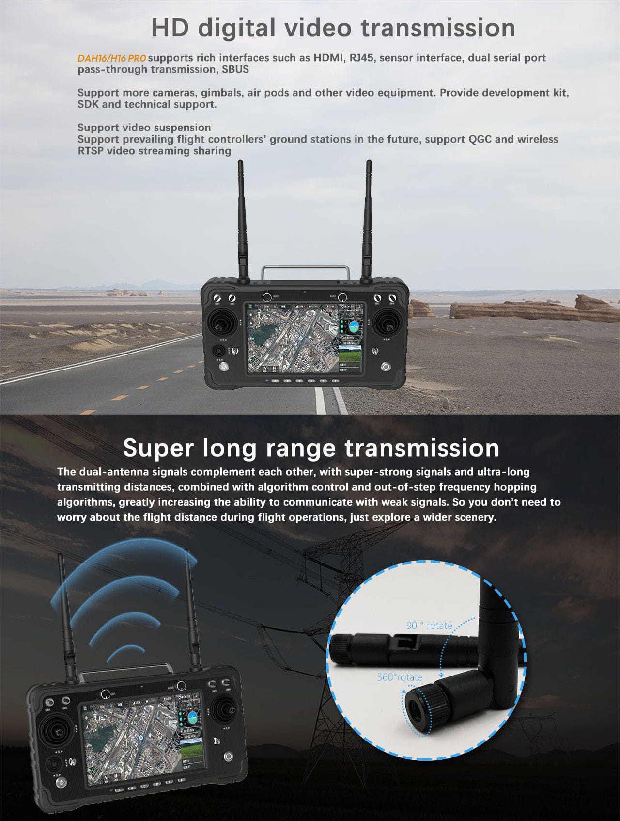 The DAH16 is an advanced remote control system designed for various unmanned vehicle applications such as drones, helicopters, and fixed-wing aircraft. It features a high-definition display with a long transmission range, providing an excellent control experience for operators. The controller supports HD video and data transmission, making it suitable for professional aerial photography, surveying, and surveillance.