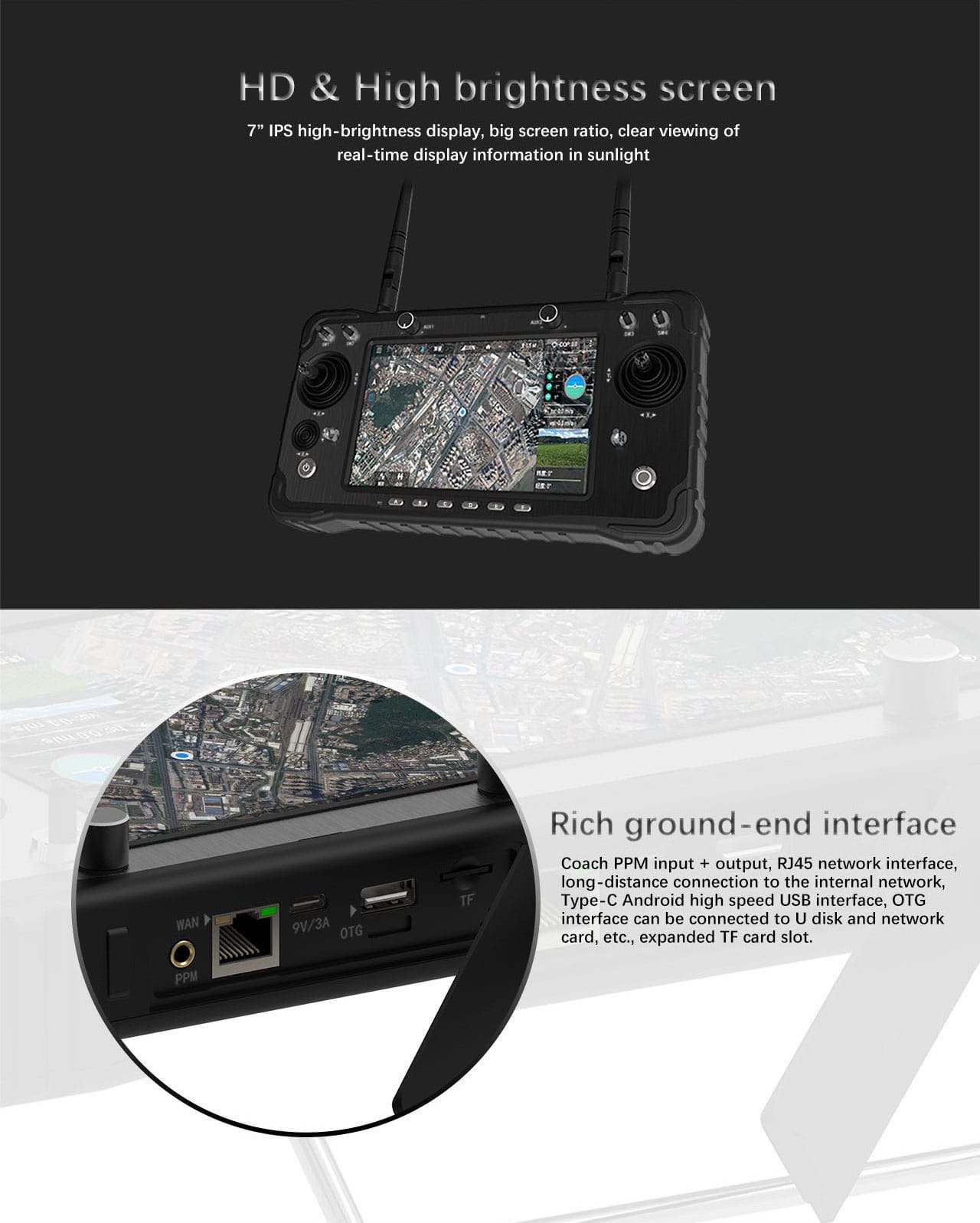 The DAH16 is an advanced remote control system designed for various unmanned vehicle applications such as drones, helicopters, and fixed-wing aircraft. It features a high-definition display with a long transmission range, providing an excellent control experience for operators. The controller supports HD video and data transmission, making it suitable for professional aerial photography, surveying, and surveillance.