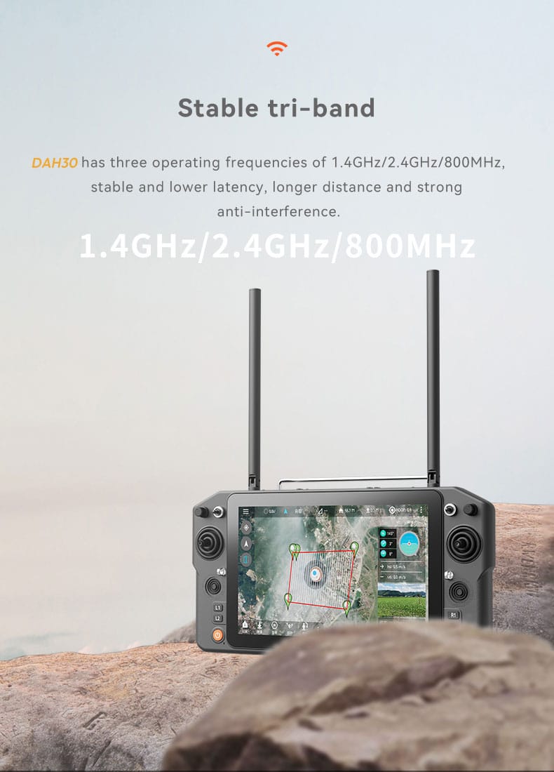 The DAH30 High-Performance Flagship Remote Controller is a cutting-edge device designed for long-range and high-precision drone operations. Featuring stable tri-band communication (1.4GHz/2.4GHz/800MHz), a 10.1-inch sunlight-readable touch screen, and a robust Qualcomm 660 processor, it delivers exceptional performance for industrial, surveillance, and emergency applications. With a 50KM maximum transmission range and rich interface options, the D-H30 is built to handle the most demanding scenarios with ease.