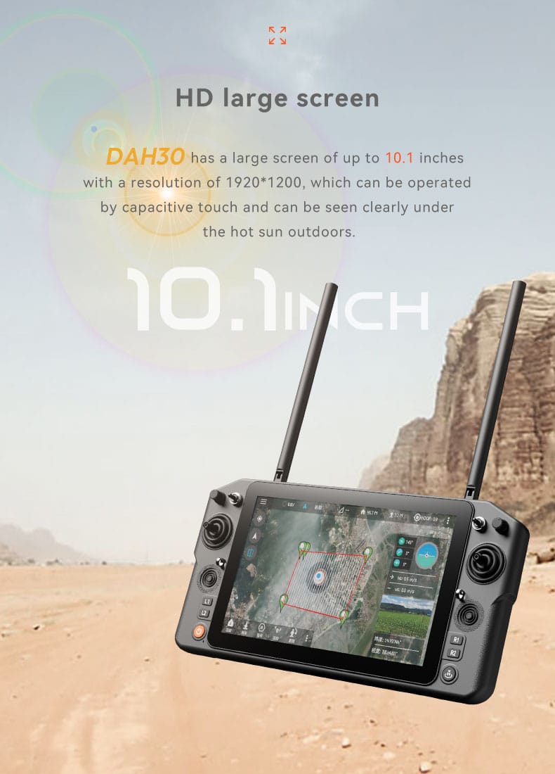 The DAH30 High-Performance Flagship Remote Controller is a cutting-edge device designed for long-range and high-precision drone operations. Featuring stable tri-band communication (1.4GHz/2.4GHz/800MHz), a 10.1-inch sunlight-readable touch screen, and a robust Qualcomm 660 processor, it delivers exceptional performance for industrial, surveillance, and emergency applications. With a 50KM maximum transmission range and rich interface options, the D-H30 is built to handle the most demanding scenarios with ease.