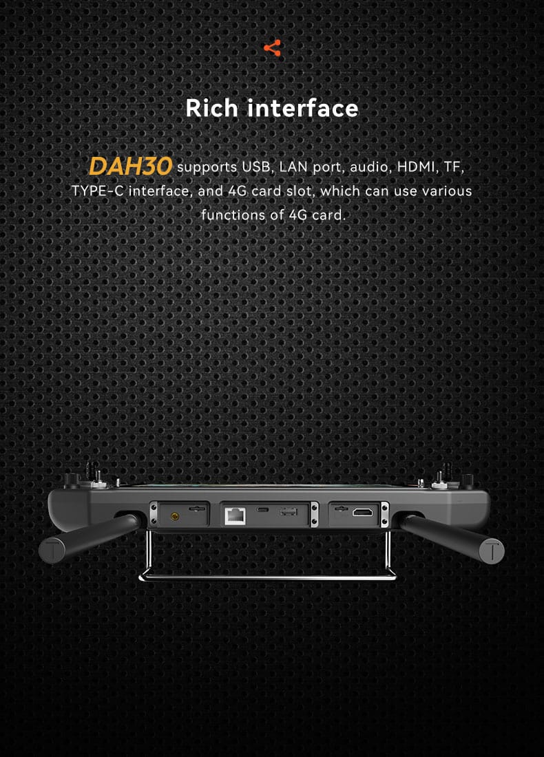 The DAH30 High-Performance Flagship Remote Controller is a cutting-edge device designed for long-range and high-precision drone operations. Featuring stable tri-band communication (1.4GHz/2.4GHz/800MHz), a 10.1-inch sunlight-readable touch screen, and a robust Qualcomm 660 processor, it delivers exceptional performance for industrial, surveillance, and emergency applications. With a 50KM maximum transmission range and rich interface options, the D-H30 is built to handle the most demanding scenarios with ease.