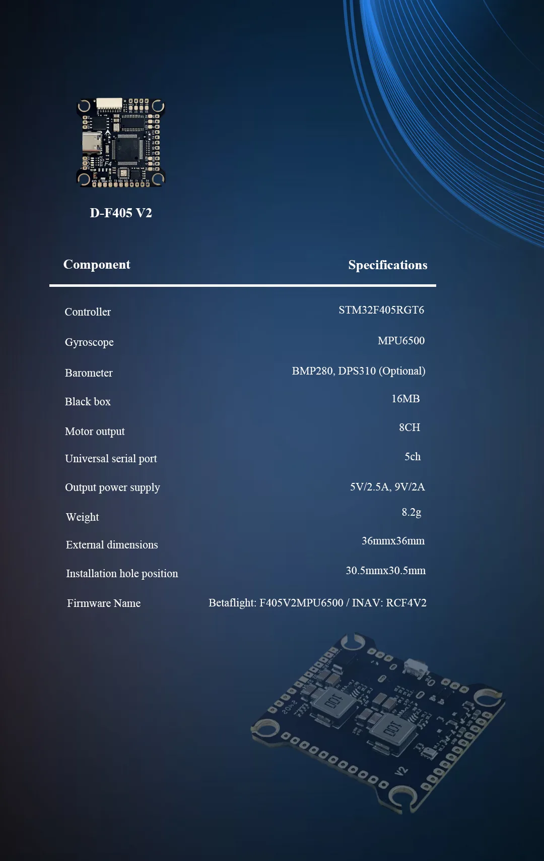 D-F405 V2 flight controller specification and feature chart