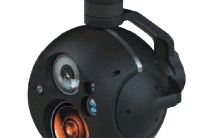 DS30E Triple-Sensor EO/IR laser rangefinder gimbal on a transparent background