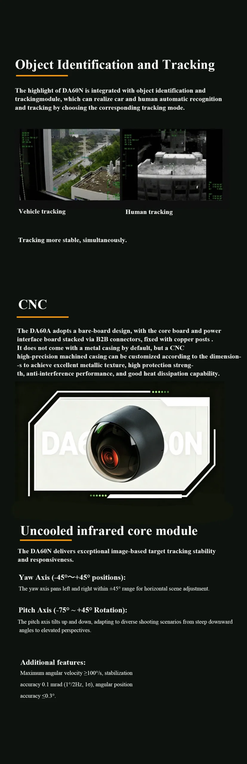 DA60N specifications and dimension drawing for the drone target tracking pod